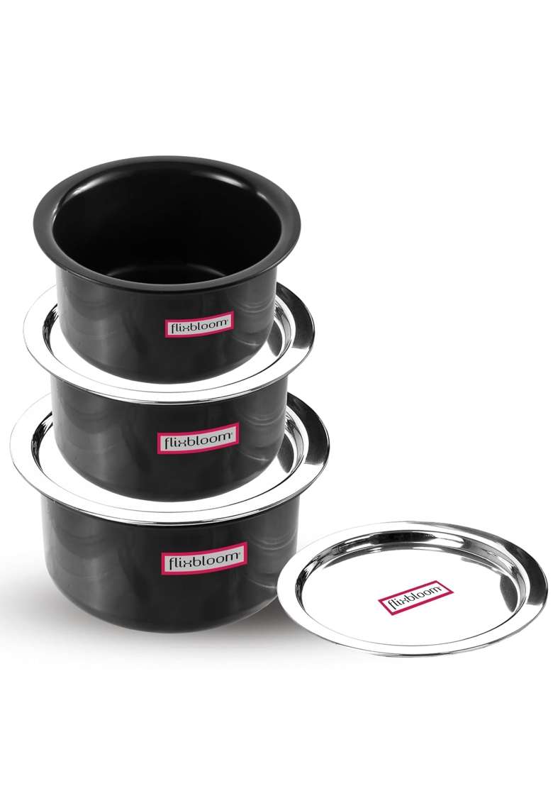 FLIXBLOOM Modern Kitchen Combo Set 3 Steel Lid Hard Anodised LPG and Induction Base | 3 L | 3.2 Qt | 6-Piece Set - Indya