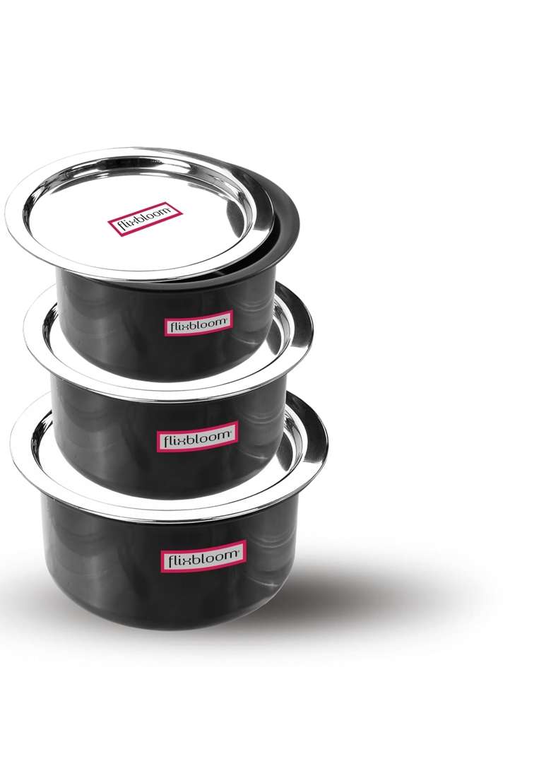 FLIXBLOOM Modern Kitchen Large Combo 3 Lids Hard Anodised LPG and Induction Base | 4 L | 4.2 Qt | 6-Piece Set | With Lid - Indya