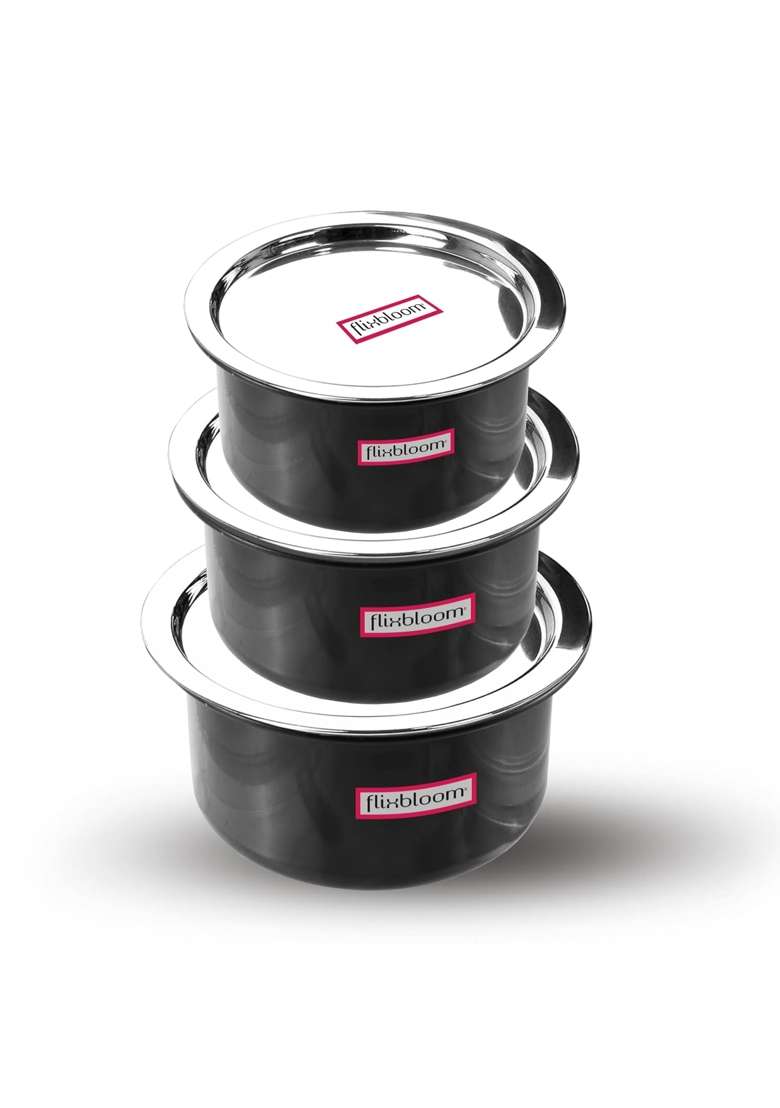 FLIXBLOOM Modern Kitchen Combo with Lids Hard Anodised LPG and Induction Base Black | 1 L | 1.1 Qt | 6-Piece Set | With Lid - Indya