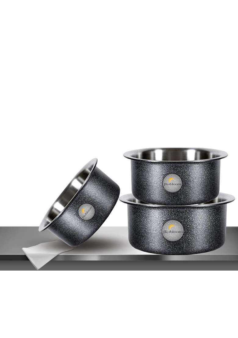 FLIXBLOOM Cookware Set Induction Bottom Tope Cooking Pot Handi Aluminium Thick Flat Bottom | 3 L | 3.2 Qt | 3-Piece Set - Indya