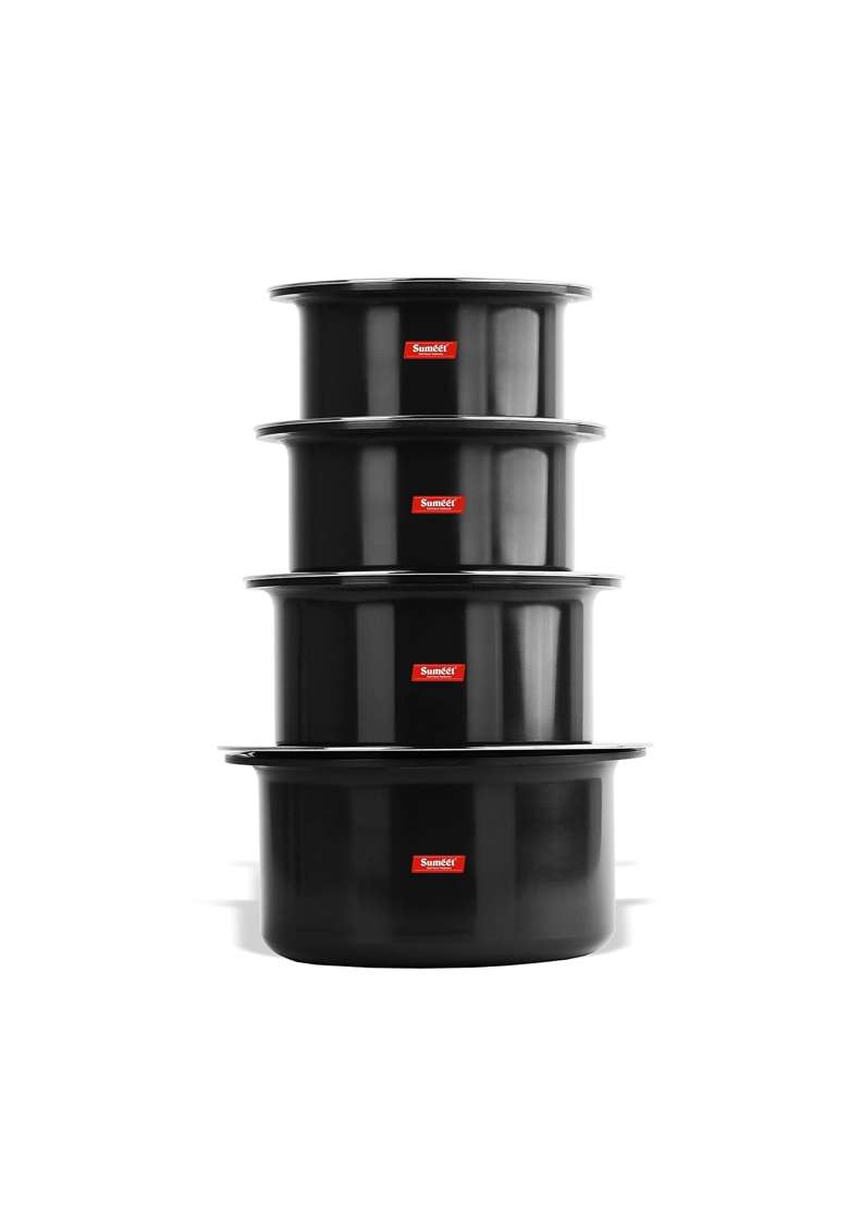 Sumeet Thick Hard Aluminium Black Anodised Large Size Tope Cooking Pot Set of with S. S. Lid | 3.5 L | 3.7 Qt | Pack of 4 - Indya