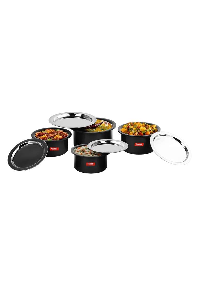 Sumeet Thick Hard Aluminium Black Anodised Large Size Tope Cooking Pot Set of with S. S. Lid | 3.5 L | 3.7 Qt | Pack of 4 - Indya