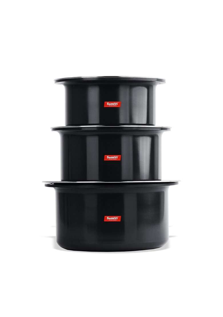 Sumeet Thick Hard Aluminium Black Anodized Large Size Tope Cooking Pot Set of with S. S. Lid | 3.5 L | 3.7 Qt | Pack of 3 - Indya