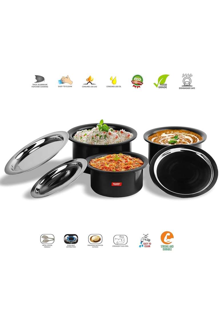 Sumeet Thick Hard Aluminium Black Anodized Large Size Tope Cooking Pot Set of with S. S. Lid | 3.5 L | 3.7 Qt | Pack of 3 - Indya