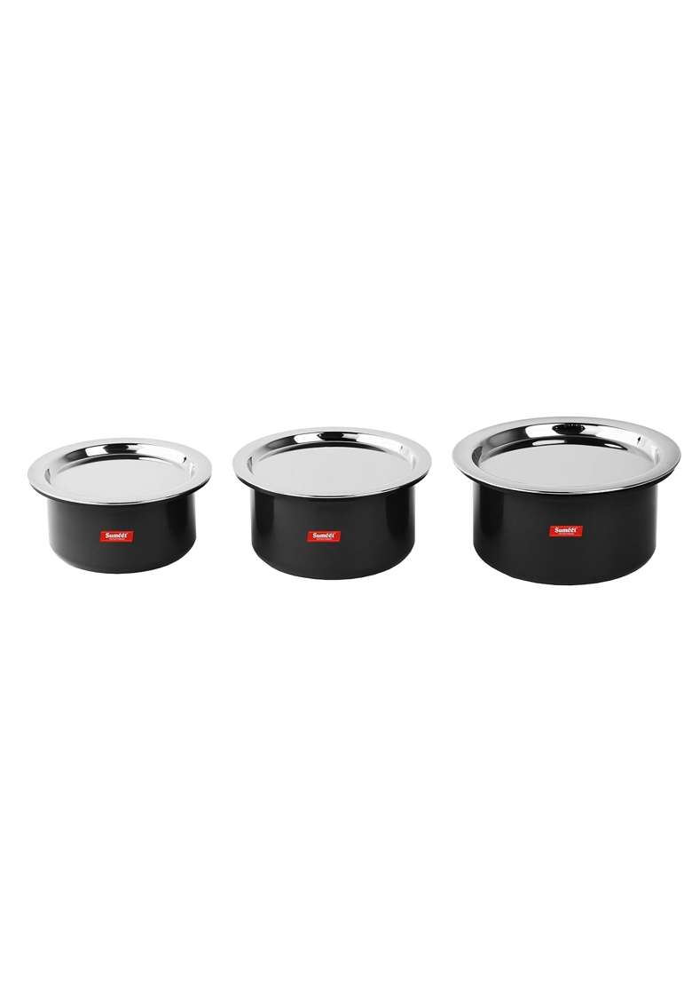 Sumeet Thick Hard Aluminium Black Anodized Large Size Tope Cooking Pot Set of with S. S. Lid | 3.5 L | 3.7 Qt | Pack of 3 - Indya