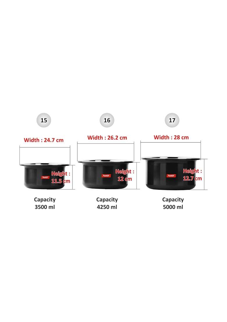 Sumeet Thick Hard Aluminium Black Anodized Large Size Tope Cooking Pot Set of with S. S. Lid | 3.5 L | 3.7 Qt | Pack of 3 - Indya