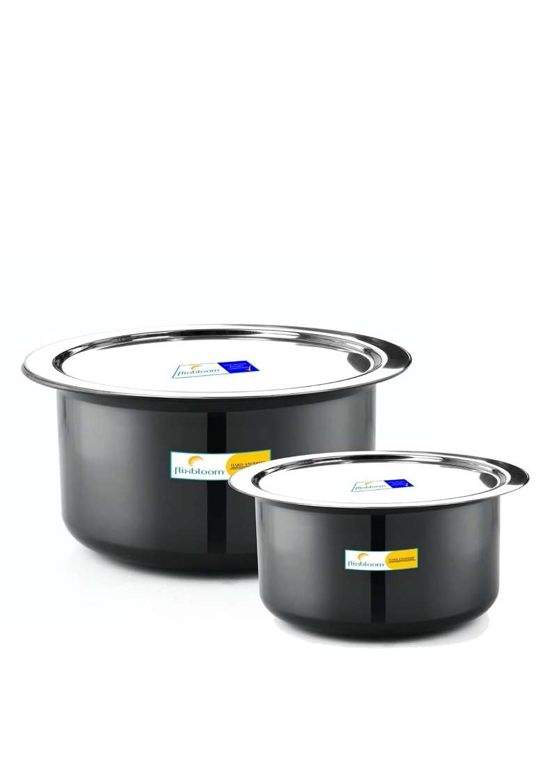 FLIXBLOOM Smooth Black Combo Tope Cooking Pot with Lid Hard Anodised Kitchen Cookware Deep | 5 L | 5.3 Qt | 2-Piece Set | Induction Compatible - Indya