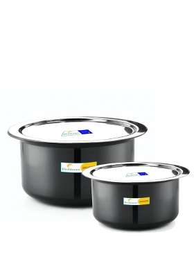 FLIXBLOOM Smooth Black Combo Tope Cooking Pot with Lid Pack Hard Anodised Kitchen Cookware Deep | 2 L | 2.1 Qt | 2-Piece Set
