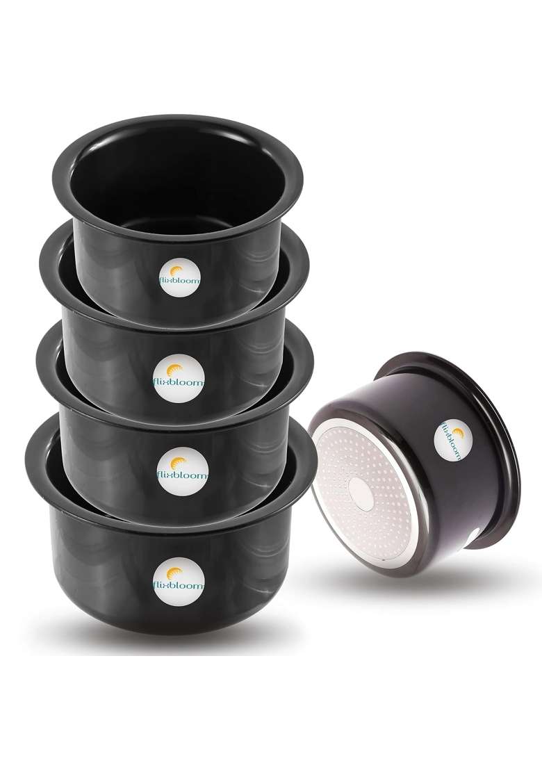 FLIXBLOOM Cosmos Black Hard Anodised Thick Combo Tope Cooking Pot Patila Bhagona Handi Tapila Tapeli | 2 L | 2.1 Qt | Pack of 6 - Indya
