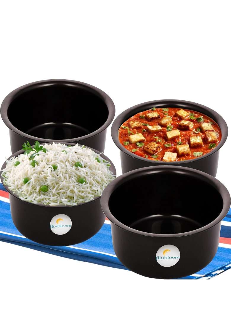 FLIXBLOOM Cosmos Black Hard Anodised Thick Combo Tope Cooking Pot Patila Bhagona Handi Tapila Tapeli | 3 L | 3.2 Qt | 4-Piece Set - Indya
