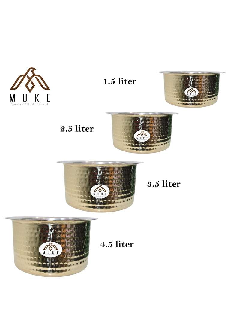 MUKE Brass Hammered Patila Cooking Pot | 4.5 L | 4.8 Qt | Heavy Bottom - Indya