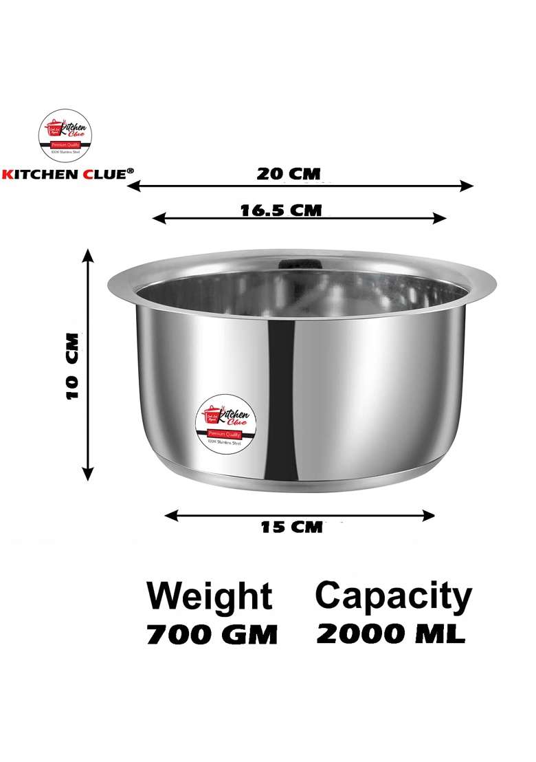 KITCHEN CLUE Stainless Steel Tope for Kitchen I Induction Base Cookware with Flat Bottom I | 2000 ml | 67.6 fl oz - Indya