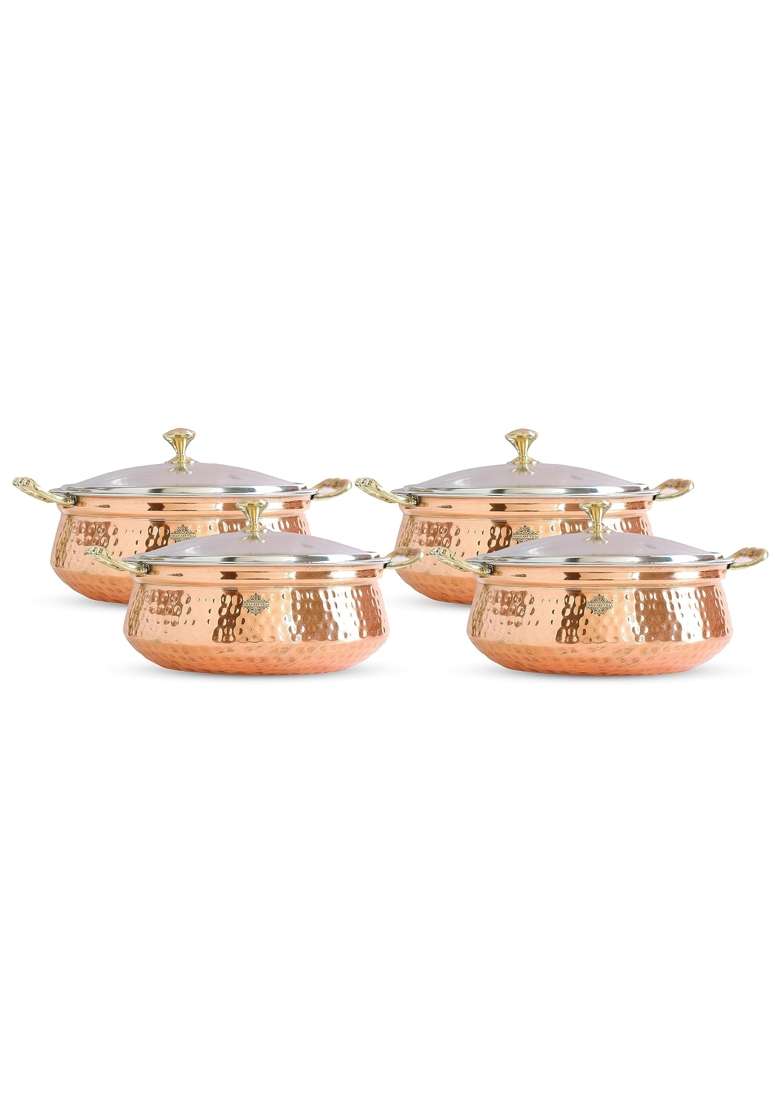 INDIAN ART VILLA Steel Copper Hammered Design Handi Cooking Pot Bowl Casserole with Toughened Glass Lid | 0.4 L | 0.4 Qt | Pack of 4 - Indya