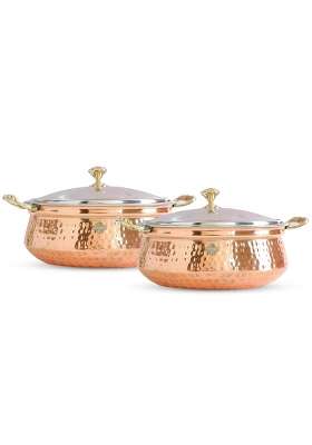 INDIAN ART VILLA Steel Copper Hammered Design Handi Cooking Pot Bowl Casserole with Toughened Glass Lid | 0.4 L | 0.4 Qt | Pack of 2