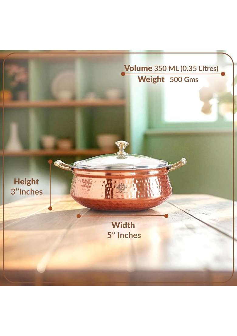 INDIAN ART VILLA Steel Copper Hammered Design Handi Cooking Pot Bowl Casserole with Toughened Glass Lid | 0.4 L | 0.4 Qt | Pack of 2 - Indya