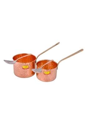 SHIV SHAKTI ARTS Pure Copper Sauce Pan Tadka Pan Heavy Brass Handle with Serving Spoon | 2-Piece Set