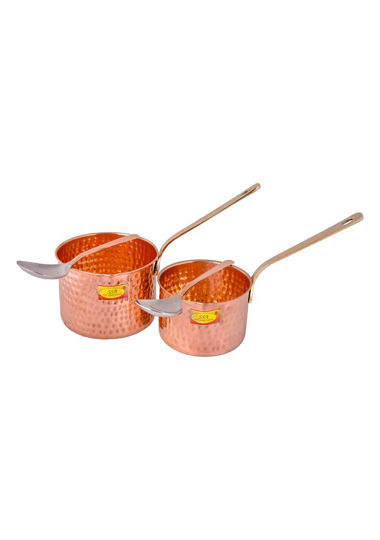 SHIV SHAKTI ARTS Pure Copper Sauce Pan Tadka Pan Heavy Brass Handle with Serving Spoon | 2-Piece Set - Indya