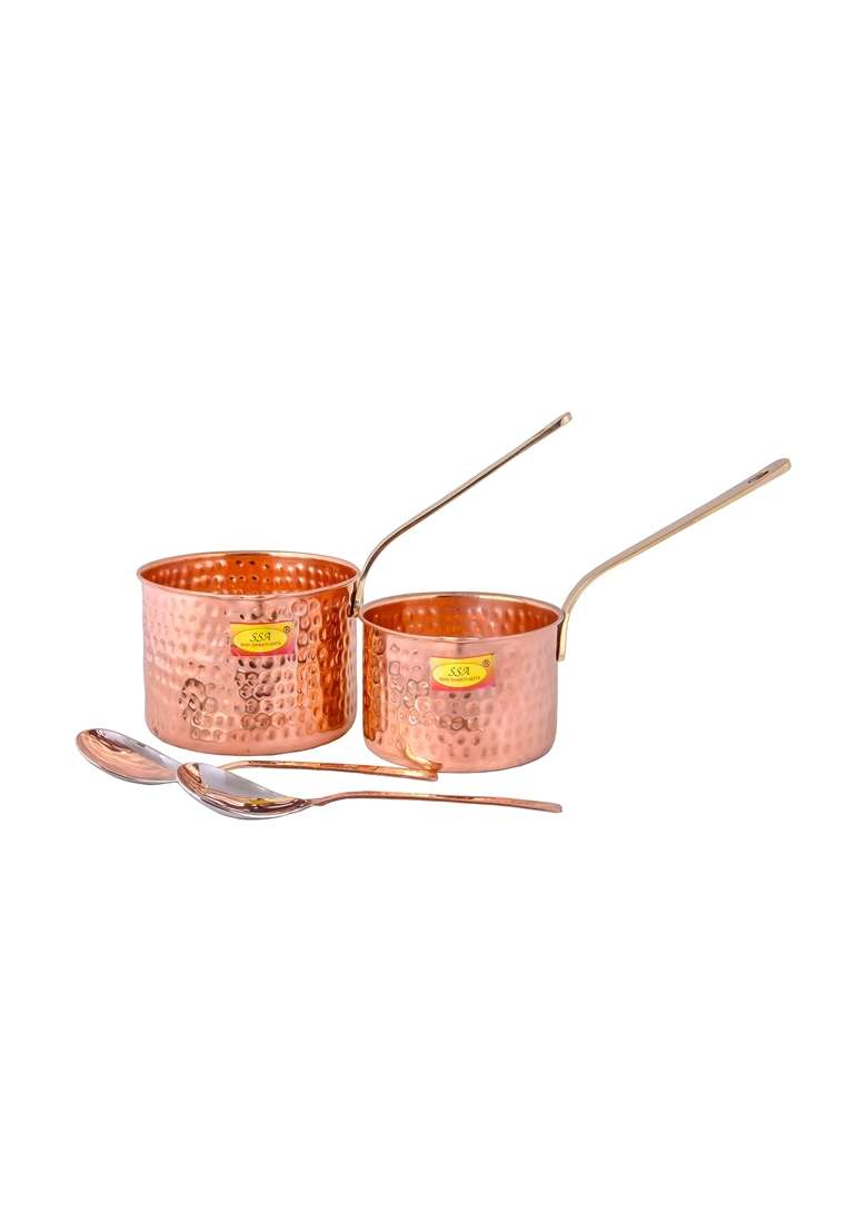 SHIV SHAKTI ARTS Pure Copper Sauce Pan Tadka Pan Heavy Brass Handle with Serving Spoon | 2-Piece Set - Indya