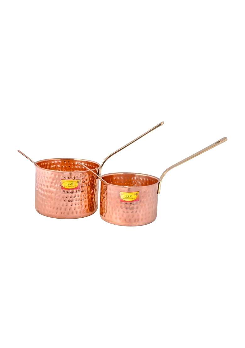 SHIV SHAKTI ARTS Pure Copper Sauce Pan Tadka Pan Heavy Brass Handle with Serving Spoon | 2-Piece Set - Indya