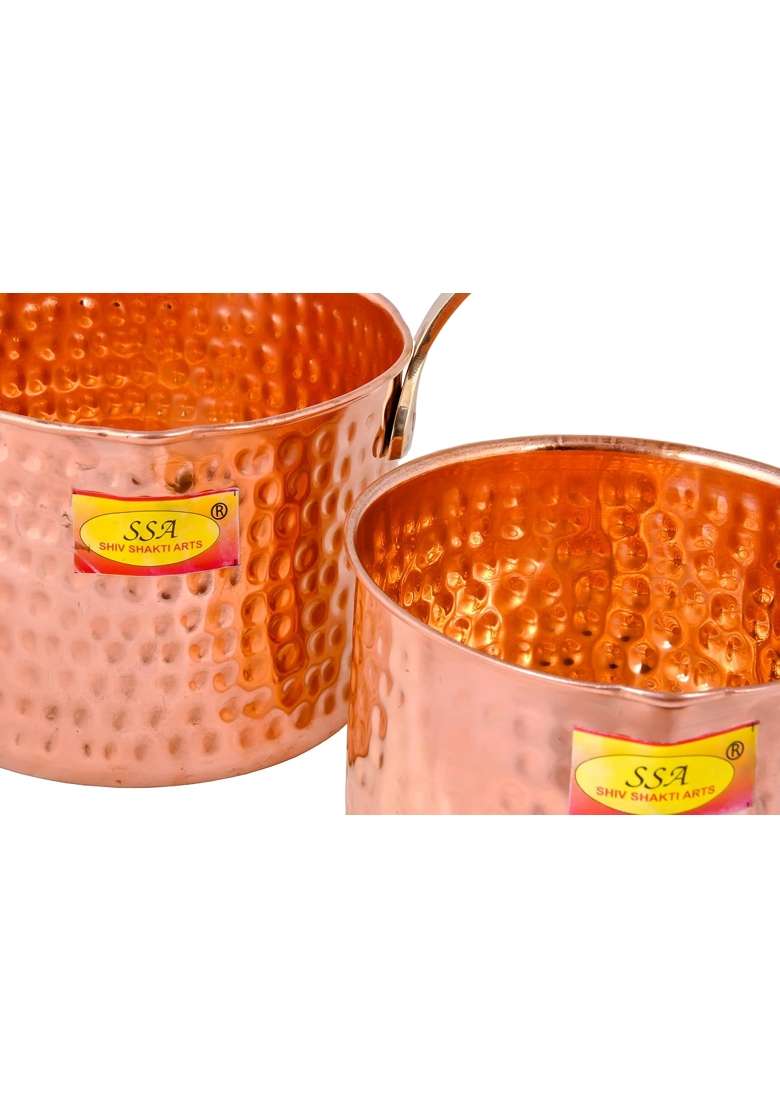 SHIV SHAKTI ARTS Pure Copper Sauce Pan Tadka Pan Heavy Brass Handle with Serving Spoon | 2-Piece Set - Indya