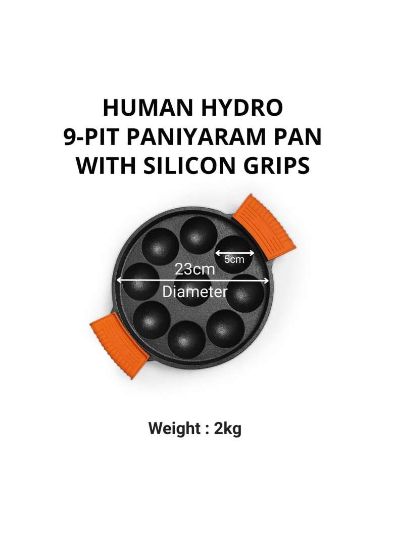 Human Hydro Pre-Seasoned Cast Iron Paniyaram Pan Ebelskiver-Style Pan | 23 cm | 9.1 Inch | Induction Compatible | Non-Stick | With Lid - Indya