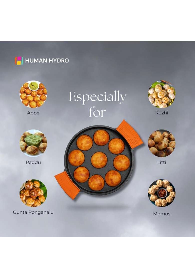 Human Hydro Pre-Seasoned Cast Iron Paniyaram Pan Ebelskiver-Style Pan | 23 cm | 9.1 Inch | Induction Compatible | Non-Stick | With Lid - Indya