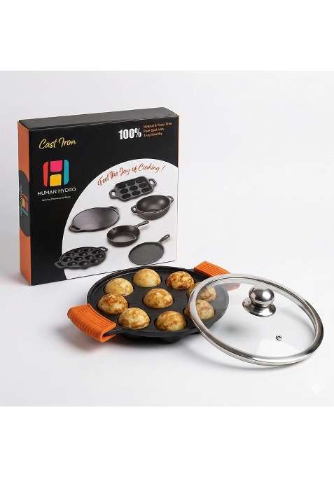 Human Hydro Pre-Seasoned Cast Iron Paniyaram Pan Ebelskiver-Style Pan | 23 cm | 9.1 Inch | Induction Compatible | Non-Stick | With Lid