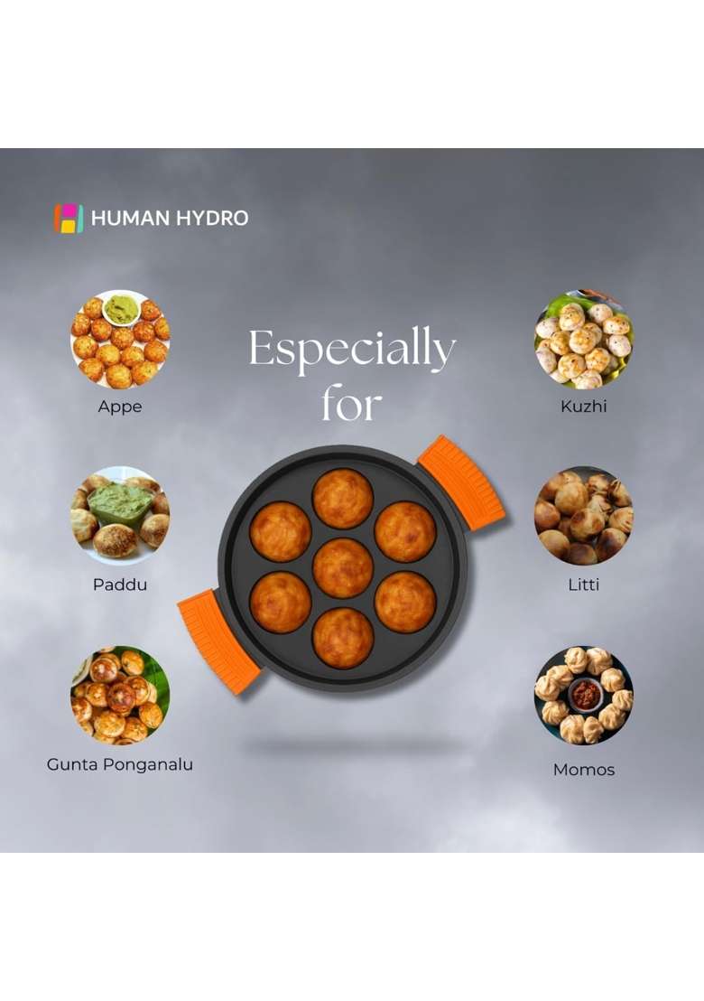 Human Hydro Pre-Seasoned Cast Iron Paniyaram Pan Ebelskiver-Style Pan | 19 cm | 7.5 Inch | Induction Compatible | Non-Stick | With Lid - Indya