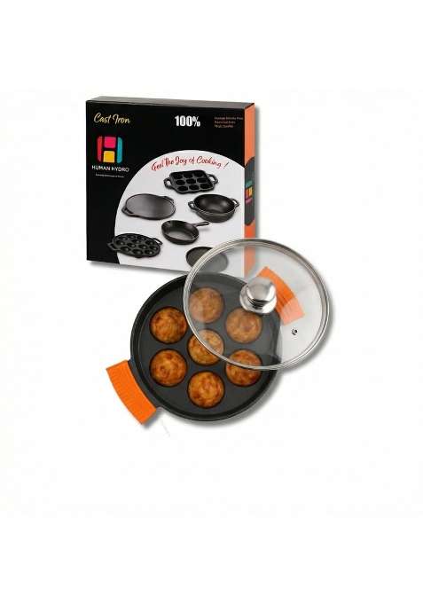 Human Hydro Pre-Seasoned Cast Iron Paniyaram Pan Ebelskiver-Style Pan | 19 cm | 7.5 Inch | Induction Compatible | Non-Stick | With Lid