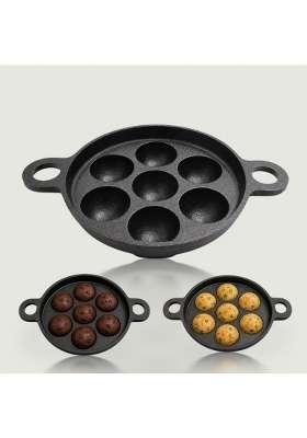 KIRUBA KITCHEN ESSENTIALS SKS Pre-Seasoned Ruff Finish Cast Iron Paniyaram Pan Ebelskiver-Style Pan