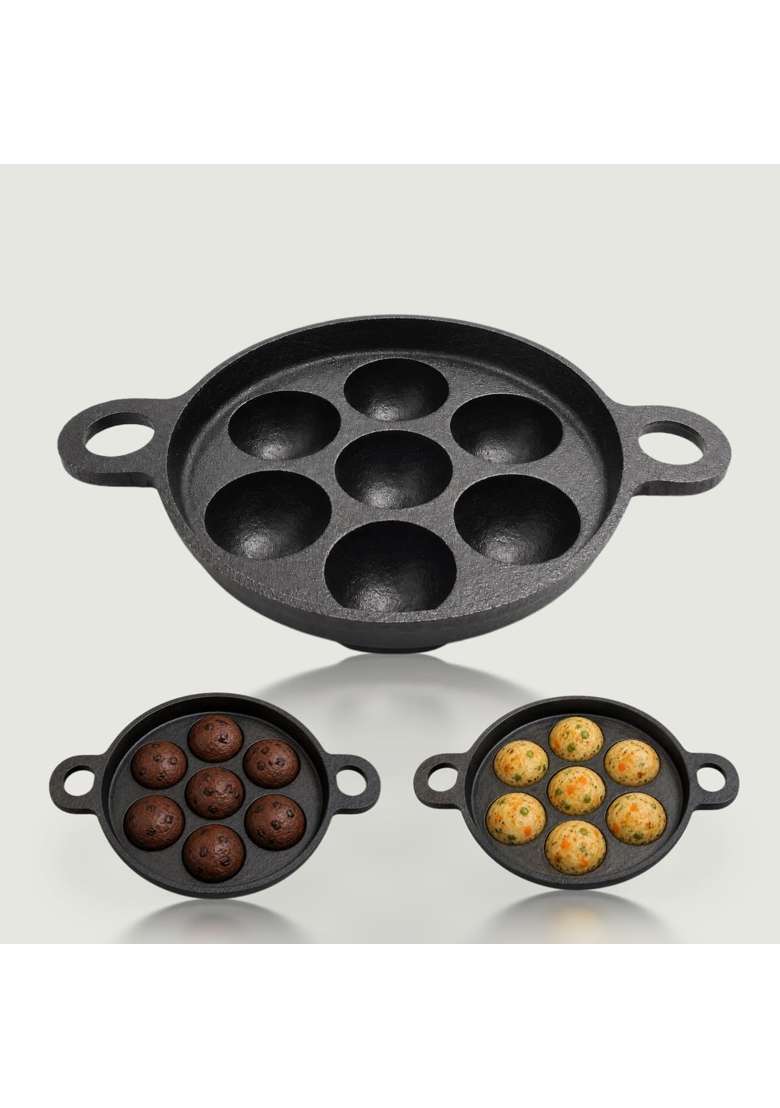 KIRUBA KITCHEN ESSENTIALS SKS Pre-Seasoned Ruff Finish Cast Iron Paniyaram Pan Ebelskiver-Style Pan - Indya