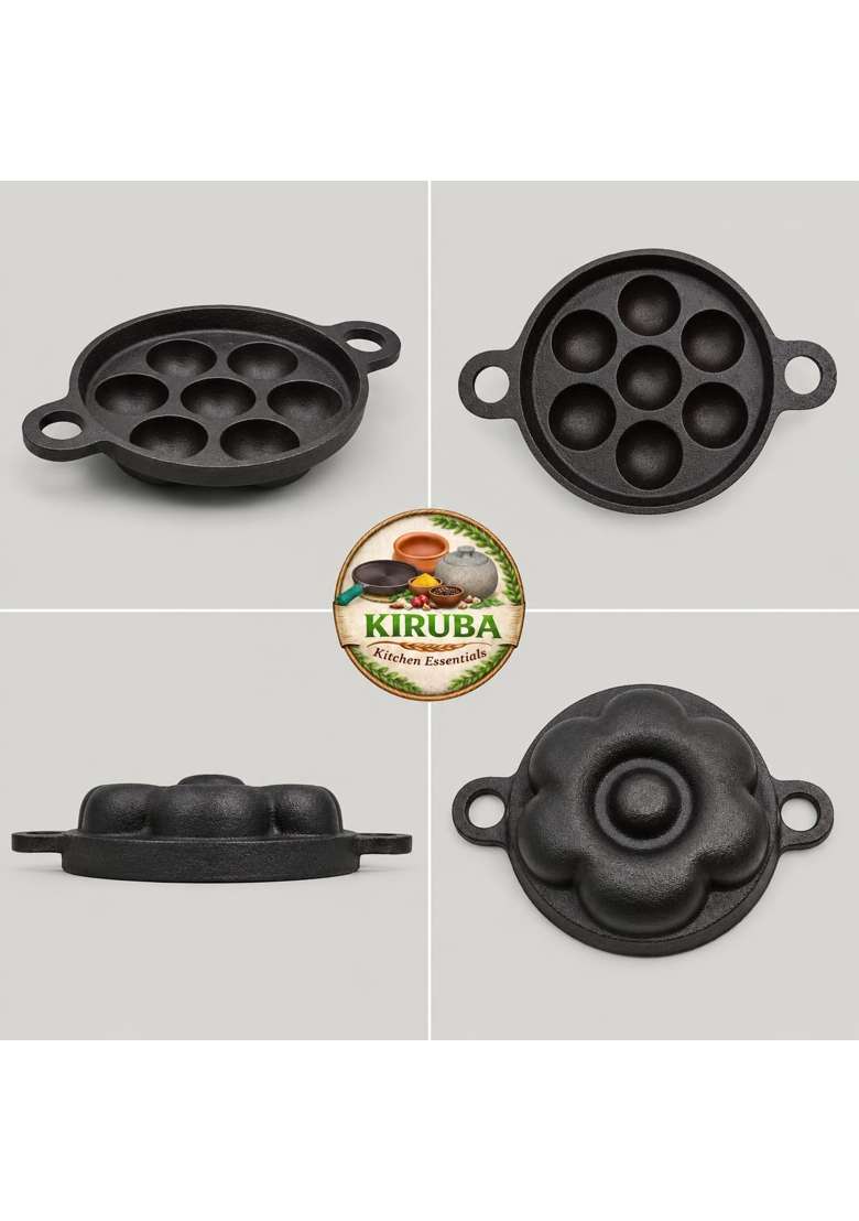 KIRUBA KITCHEN ESSENTIALS SKS Pre-Seasoned Ruff Finish Cast Iron Paniyaram Pan Ebelskiver-Style Pan - Indya