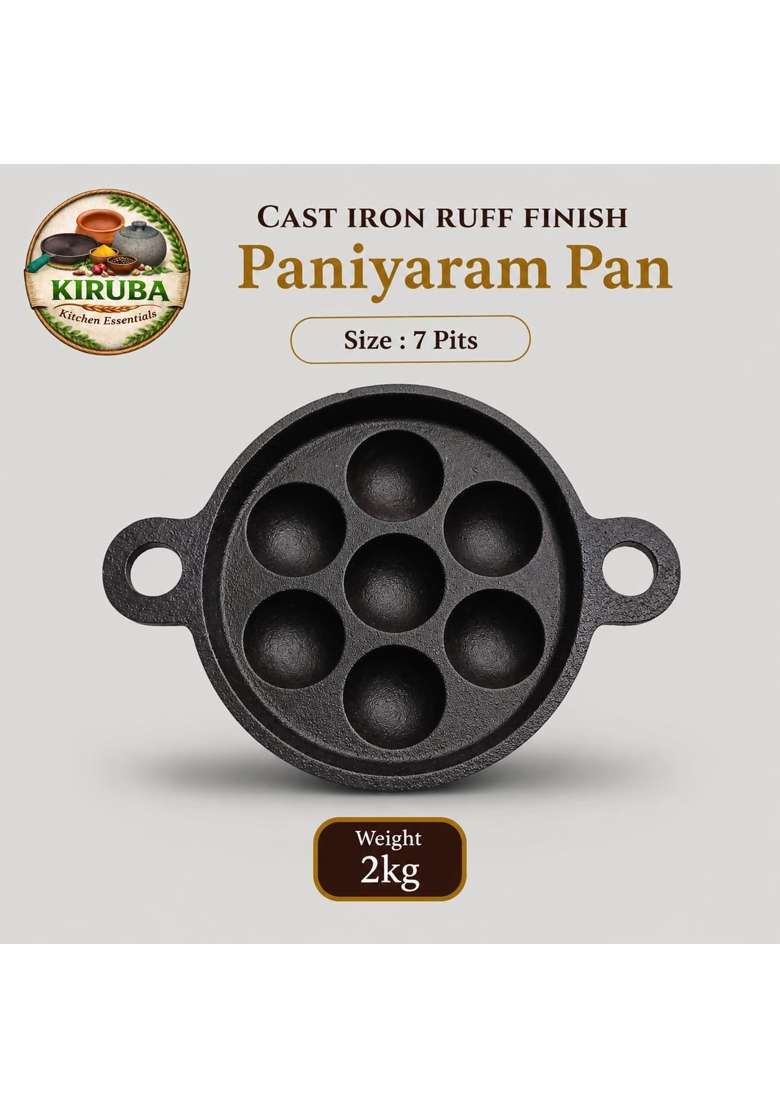 KIRUBA KITCHEN ESSENTIALS SKS Pre-Seasoned Ruff Finish Cast Iron Paniyaram Pan Ebelskiver-Style Pan - Indya