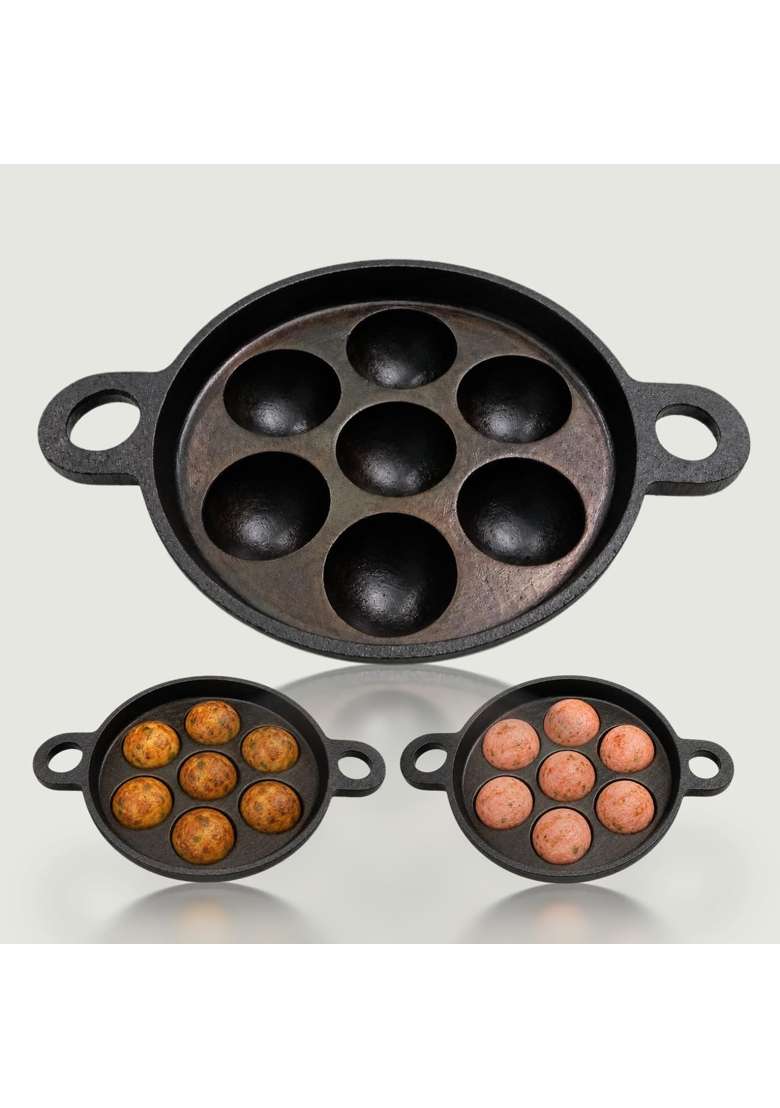 KIRUBA KITCHEN ESSENTIALS SKS Pre-Seasoned Smooth Finish Cast Iron Paniyaram Pan Ebelskiver-Style Pan 7 Pits Cavity - Indya