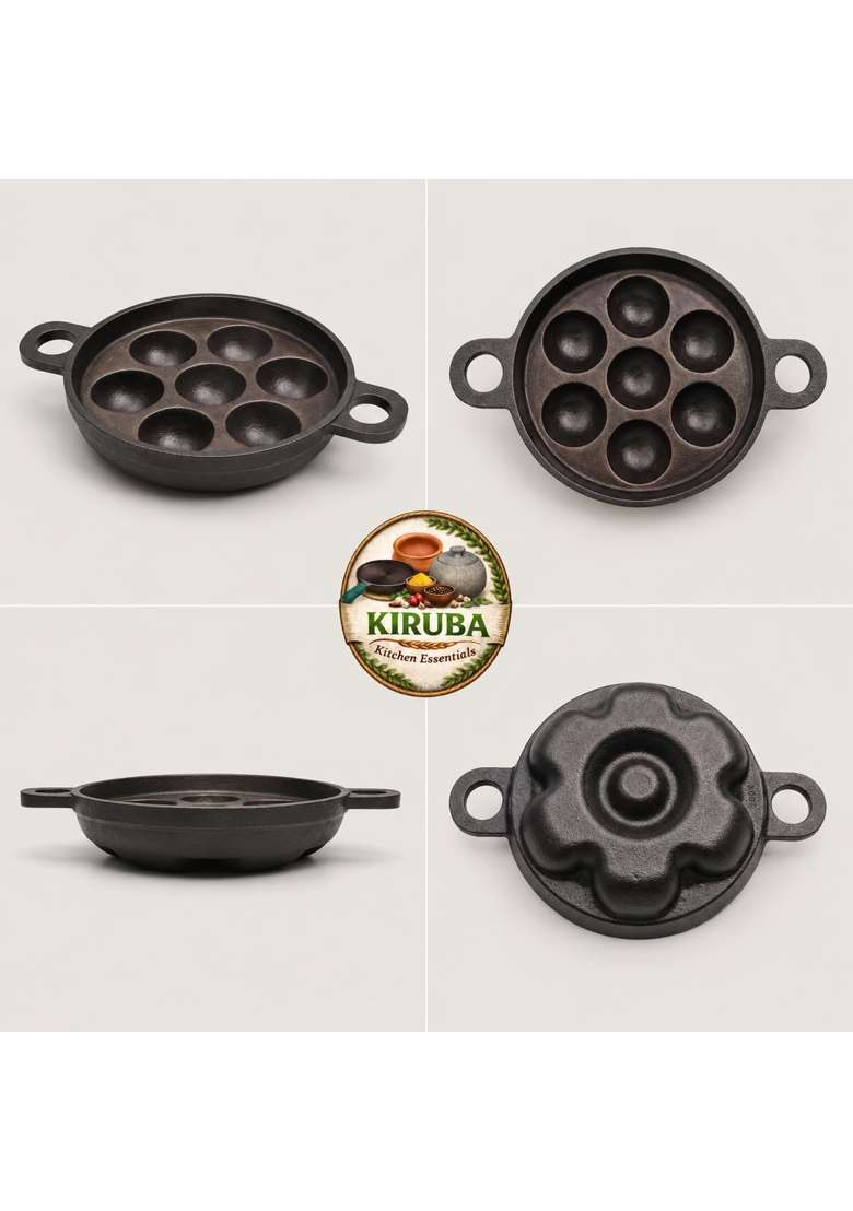 KIRUBA KITCHEN ESSENTIALS SKS Pre-Seasoned Smooth Finish Cast Iron Paniyaram Pan Ebelskiver-Style Pan 7 Pits Cavity - Indya