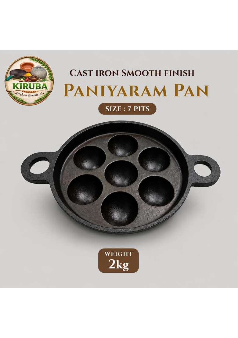 KIRUBA KITCHEN ESSENTIALS SKS Pre-Seasoned Smooth Finish Cast Iron Paniyaram Pan Ebelskiver-Style Pan 7 Pits Cavity - Indya