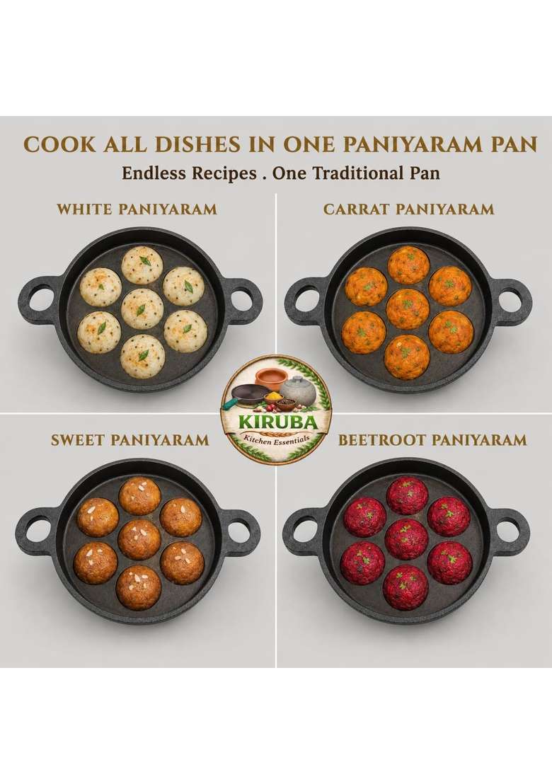 KIRUBA KITCHEN ESSENTIALS SKS Pre-Seasoned Smooth Finish Cast Iron Paniyaram Pan Ebelskiver-Style Pan 7 Pits Cavity - Indya