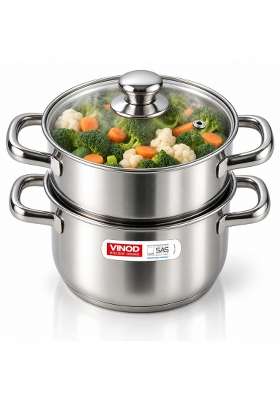 Vinod Steamer for Kitchen 2-Tier Stainless Steel with Glass Lid | 18 cm | 7.1 Inch