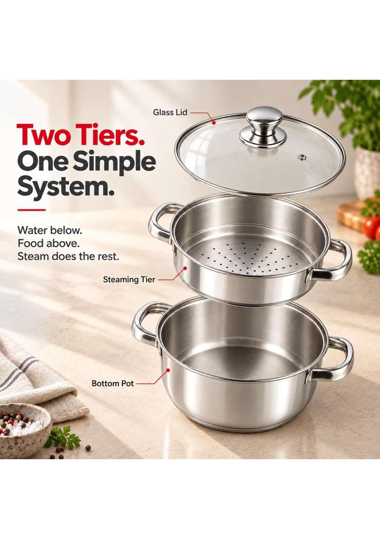 Vinod Steamer for Kitchen 2-Tier Stainless Steel with Glass Lid | 18 cm | 7.1 Inch - Indya
