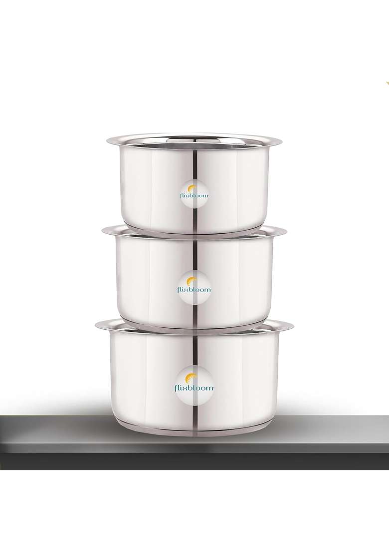FLIXBLOOM Thik Induction Base Stainless Steel Combo Cookware Tope Handi Patila Milk | 2 L | 2.1 Qt | 3-Piece Set - Indya