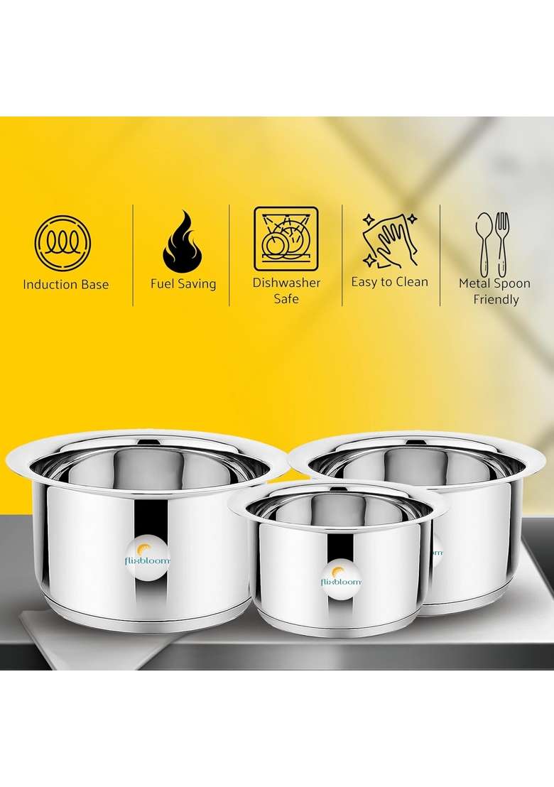 FLIXBLOOM Special Stainless Steel Cookware Set | 3 L | 3.2 Qt | 3-Piece Set | Induction Compatible | Heavy Bottom - Indya