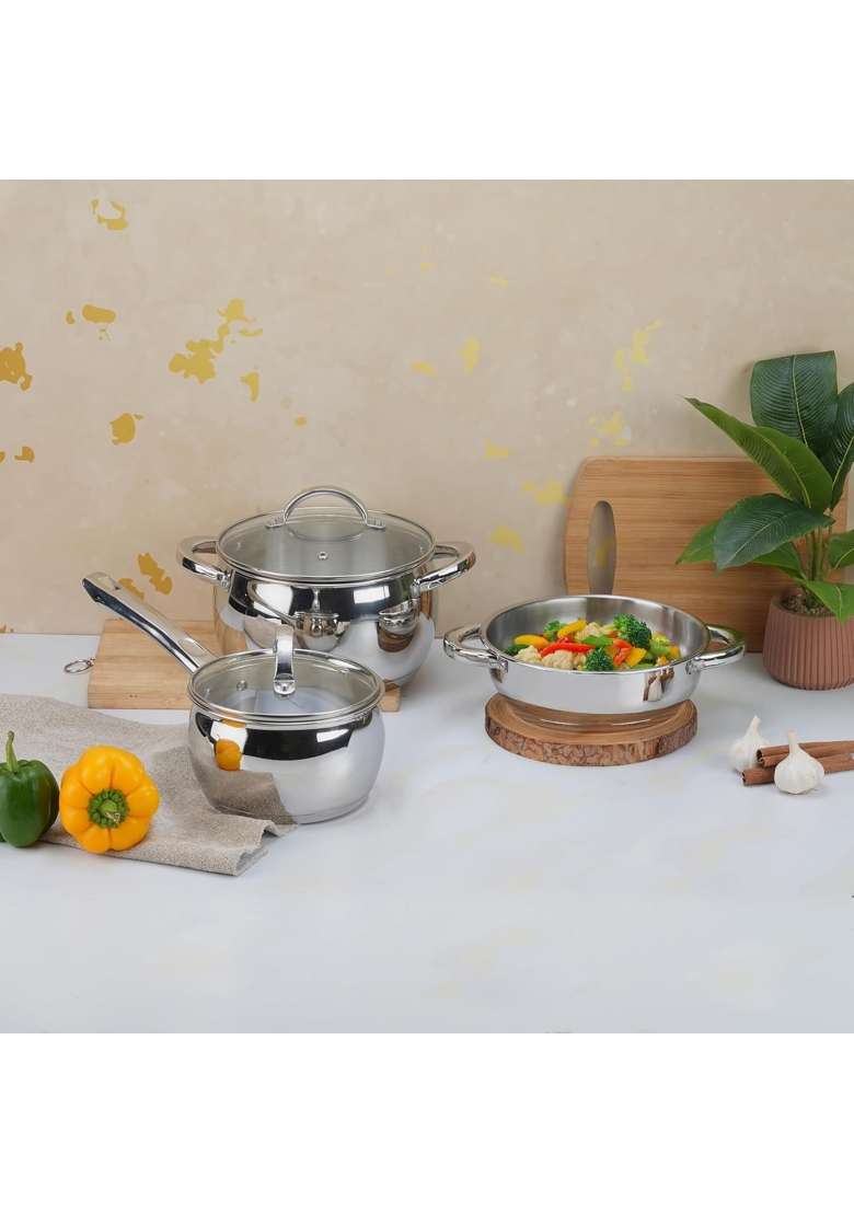 Vinod Letten Stainless Steel Cookware Set | 2 L | 2.1 Qt | 3-Piece Set | Induction Compatible - Indya