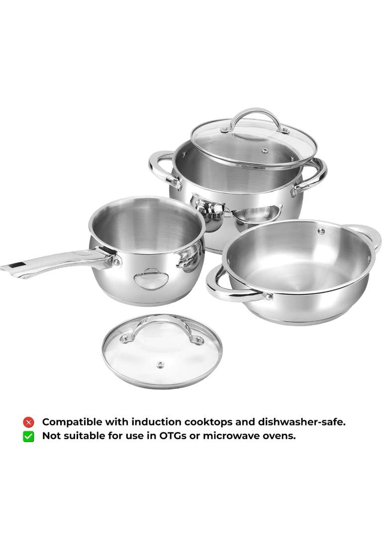 Vinod Letten Stainless Steel Cookware Set | 2 L | 2.1 Qt | 3-Piece Set | Induction Compatible - Indya