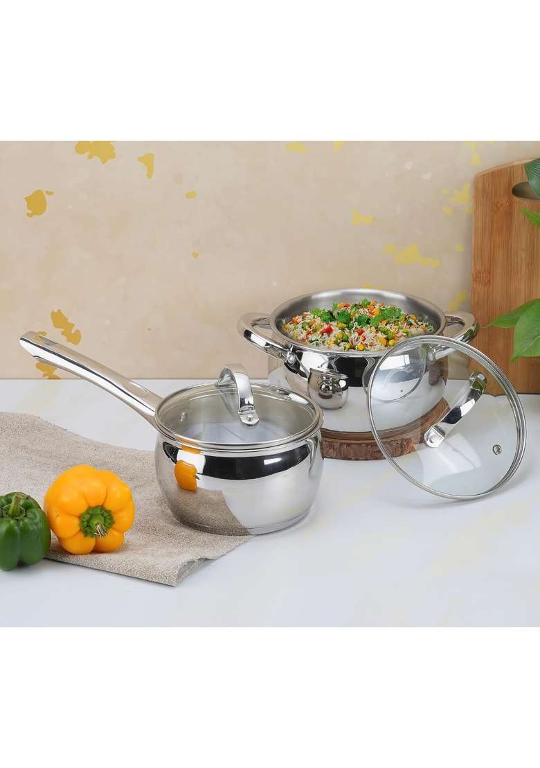 Vinod Letten Stainless Steel Cookware Set | 2.2 L | 2.3 Qt | 2-Piece Set | Induction Compatible | With Lid - Indya