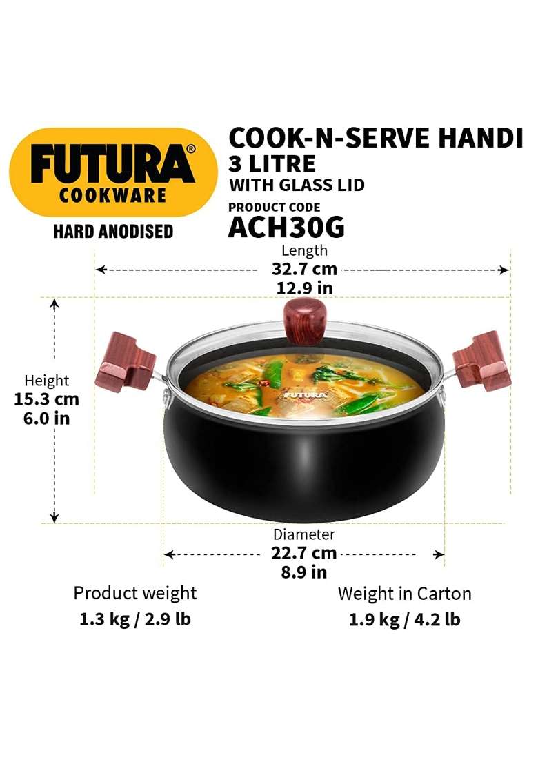 Hawkins Aluminium Futura Hard Anodised Cook-N-Serve Bowl | 3 L | 3.2 Qt | 2-Piece Set - Indya