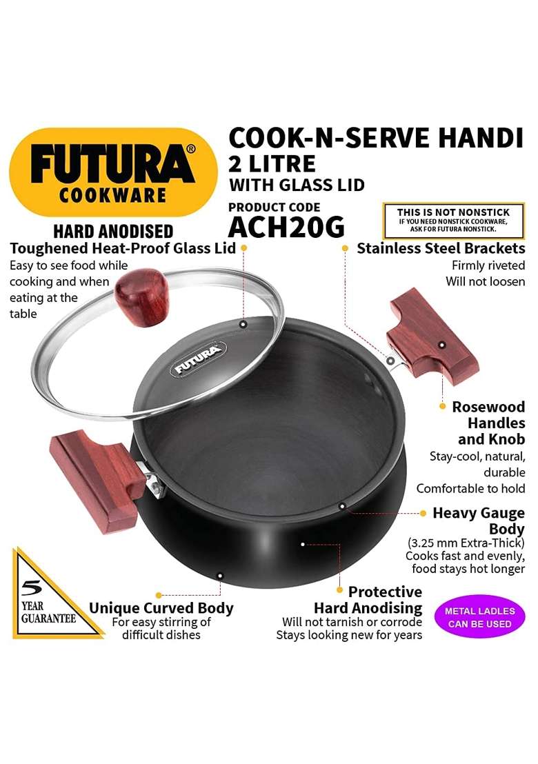 Hawkins Aluminium Futura Hard Anodised Cook-N-Serve Bowl | 2 L | 2.1 Qt | 2-Piece Set - Indya