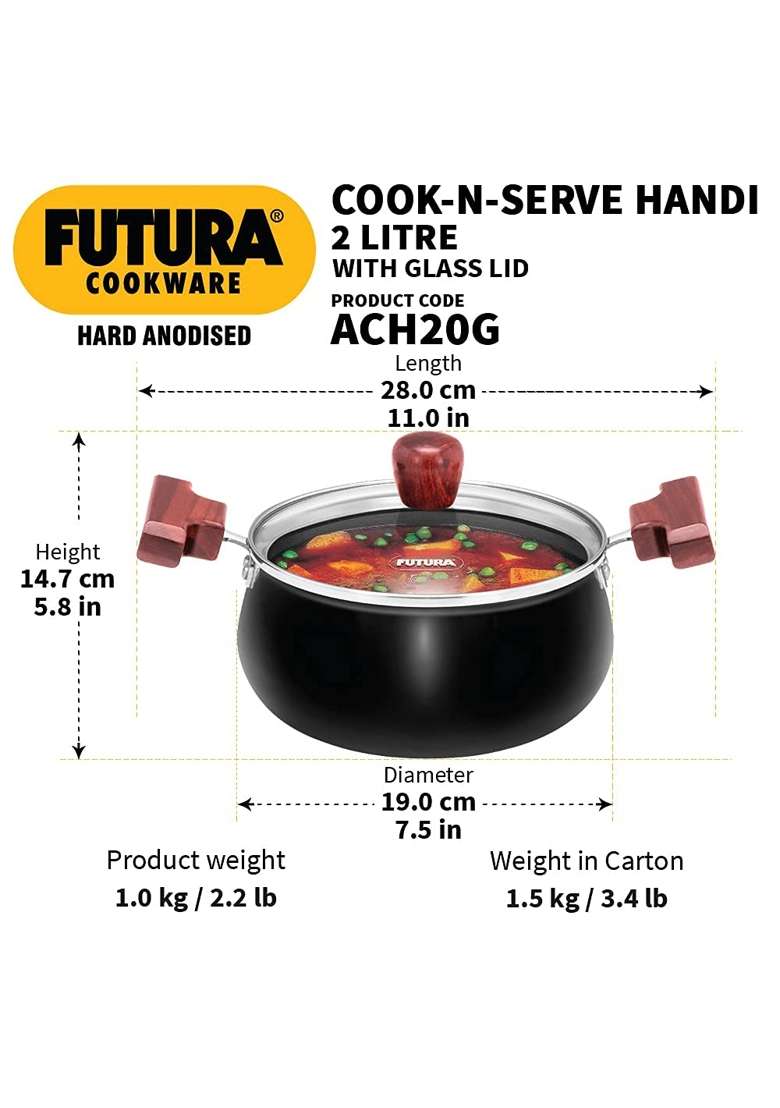 Hawkins Aluminium Futura Hard Anodised Cook-N-Serve Bowl | 2 L | 2.1 Qt | 2-Piece Set - Indya