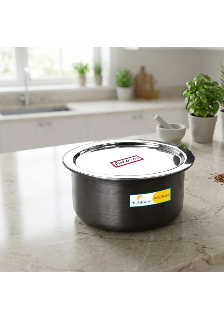 FLIXBLOOM Centric Hard Anodized Kitchen Cookware Thick Gauge Induction Base and LPG | 1 L | 1.1 Qt | With Lid - Indya