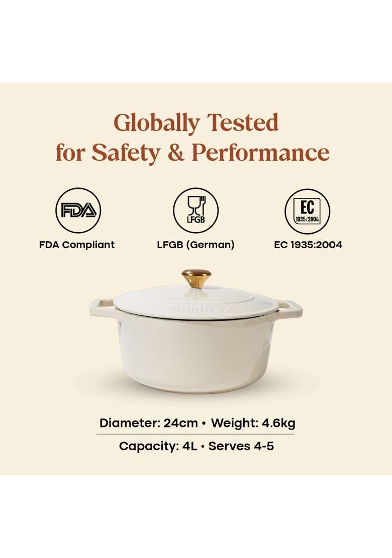 CUMIN CO. Enamel Cast Iron Dutch Oven | 4 L | 4.2 Qt | 24 cm | 9.4 Inch | Induction Compatible | Heavy Bottom | Non-Toxic | Non-Stick - Indya