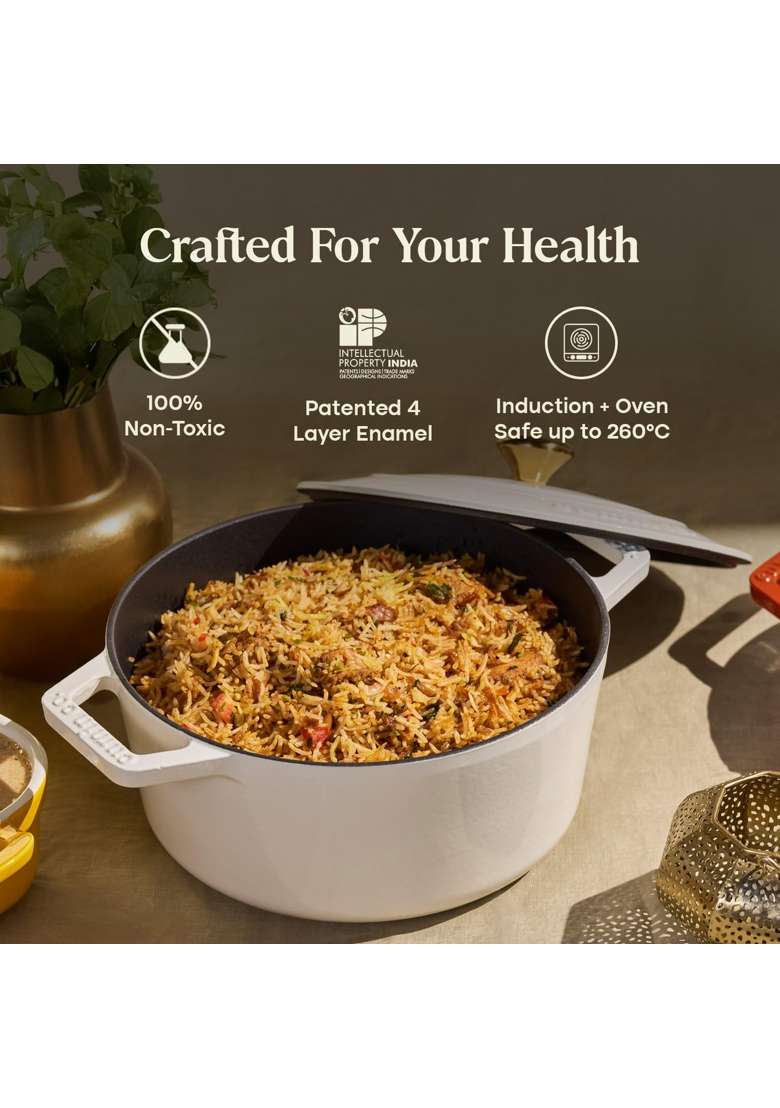 CUMIN CO. Enamel Cast Iron Dutch Oven | 4 L | 4.2 Qt | 24 cm | 9.4 Inch | Induction Compatible | Heavy Bottom | Non-Toxic | Non-Stick - Indya